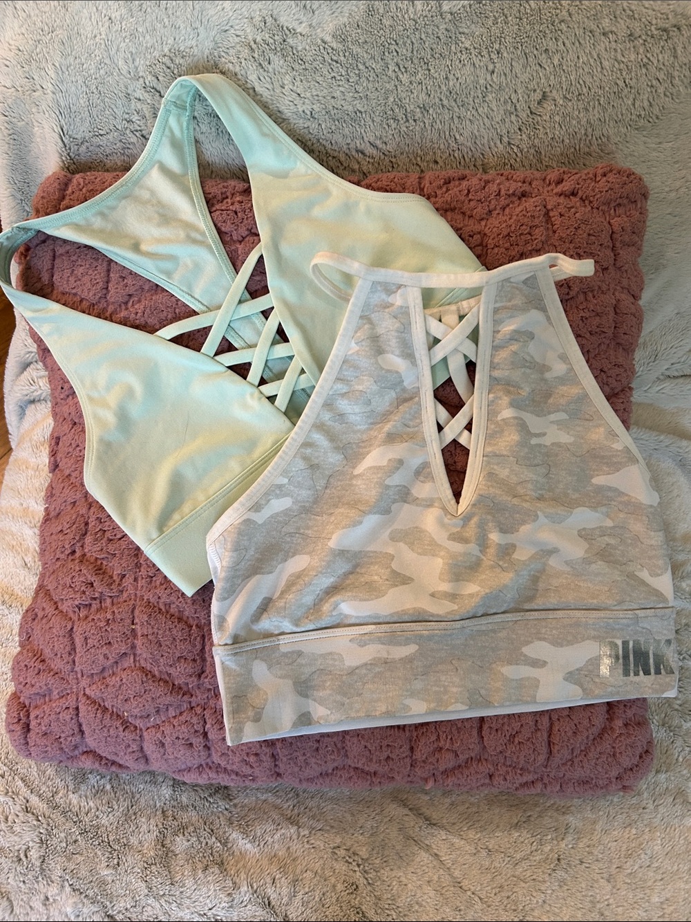 PINK Victoria’s Secret Camo & Mint Crisscross Sports Bras